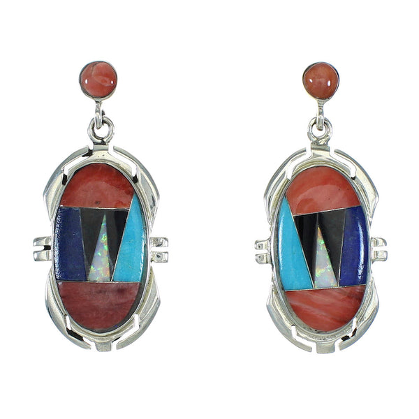 Multicolor Inlay Sterling Silver Southwest Post Dangle Earrings MX64411